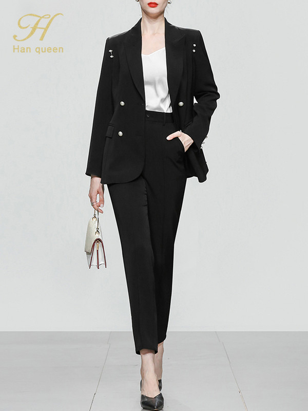 H Han Queen Ocupație Toamnă Iarnă Costume 2 piese Femei 2022 Blazer elegant cu lanț de margele și pantaloni simpli Coreean OL Casual Set de lucru