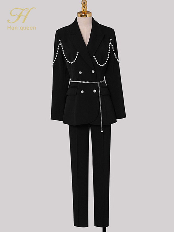 H Han Queen Ocupație Toamnă Iarnă Costume 2 piese Femei 2022 Blazer elegant cu lanț de margele și pantaloni simpli Coreean OL Casual Set de lucru