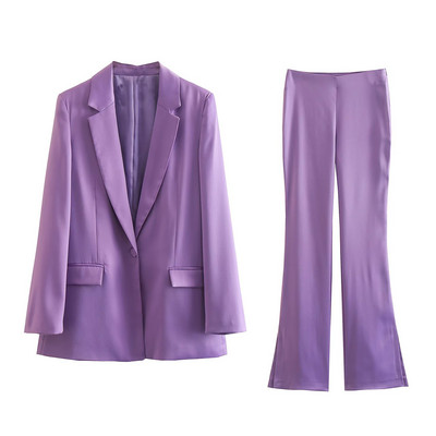 Sacou de damă șic cu textura din satin de mătase, ocazional, de modă, temperament, de culoare solidă, retro, elegant, pentru femei, set de blazer pentru femei