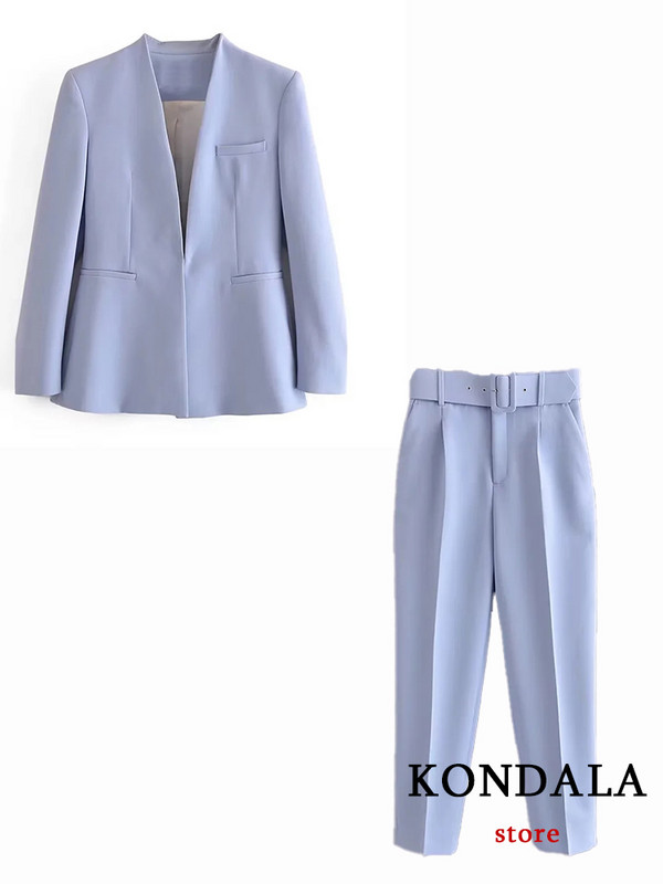KONDALA Office Lady Blazer Albastru Deschis Costume Femei 2 Piese Decolteu în V Jachete Largi+Cale înalte Pantaloni Moda 2022 Seturi de Toamnă