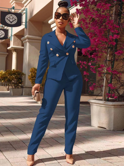Set 2 piese Blazer Seturi de blaze pentru damă Costum de birou la modă Costum dublu cu pieptări cu mâneci lungi Topuri și pantaloni cu mâneci lungi
