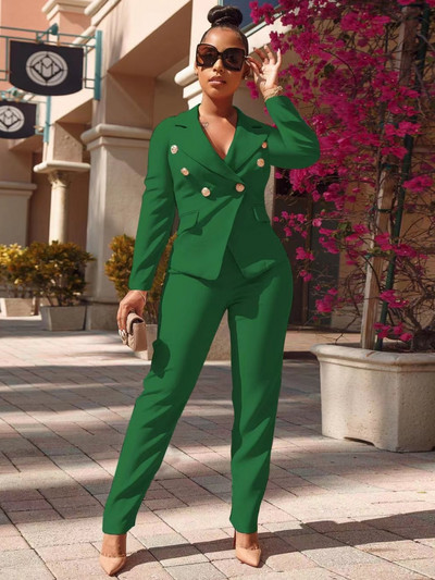 Set 2 piese Blazer Seturi de blaze pentru damă Costum de birou la modă Costum dublu cu pieptări cu mâneci lungi Topuri și pantaloni cu mâneci lungi