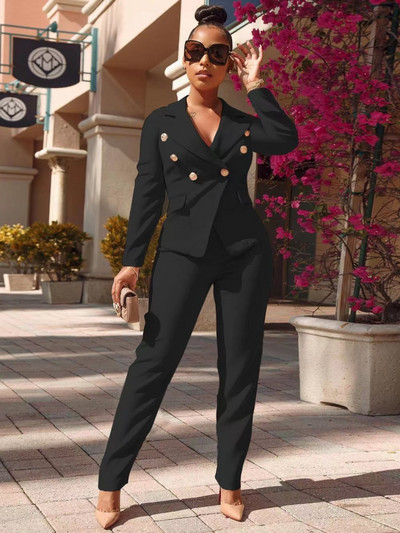 Set 2 piese Blazer Seturi de blaze pentru damă Costum de birou la modă Costum dublu cu pieptări cu mâneci lungi Topuri și pantaloni cu mâneci lungi