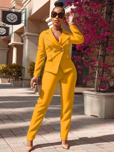 Set 2 piese Blazer Seturi de blaze pentru damă Costum de birou la modă Costum dublu cu pieptări cu mâneci lungi Topuri și pantaloni cu mâneci lungi