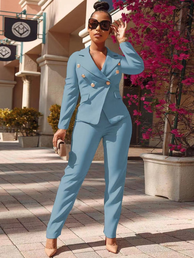 Set 2 piese Blazer Seturi de blaze pentru damă Costum de birou la modă Costum dublu cu pieptări cu mâneci lungi Topuri și pantaloni cu mâneci lungi