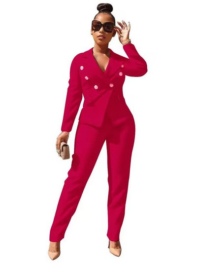 Set 2 piese Blazer Seturi de blaze pentru damă Costum de birou la modă Costum dublu cu pieptări cu mâneci lungi Topuri și pantaloni cu mâneci lungi