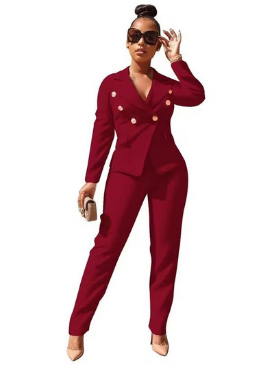 Set 2 piese Blazer Seturi de blaze pentru damă Costum de birou la modă Costum dublu cu pieptări cu mâneci lungi Topuri și pantaloni cu mâneci lungi