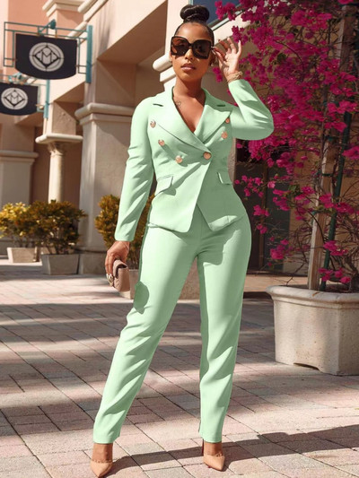 Set 2 piese Blazer Seturi de blaze pentru damă Costum de birou la modă Costum dublu cu pieptări cu mâneci lungi Topuri și pantaloni cu mâneci lungi