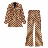 Costum Blazer Imprimat Vinatge Maro Femeie Toamna 2022 Femeie Seturi Geometrice Asortate Doamne Seturi Eleganti Pantaloni Evazati cu Talie Inalta
