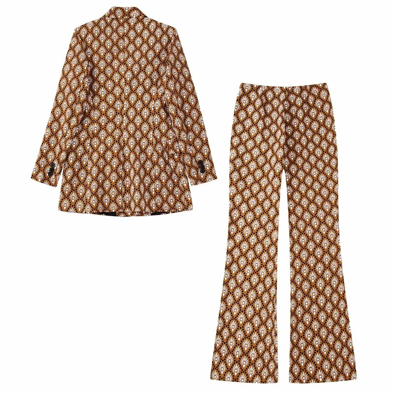 Costum Blazer Imprimat Vinatge Maro Femeie Toamna 2022 Femeie Seturi Geometrice Asortate Doamne Seturi Eleganti Pantaloni Evazati cu Talie Inalta