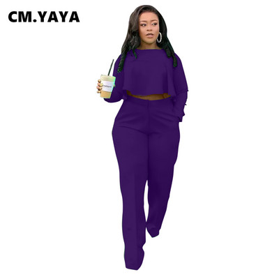 CM.YAYA Femei Crop Topuri neregulate + Pantaloni largi Costum Două 2 Piese Set Office Lady Fashion Streetwear Ținută Casual Trening