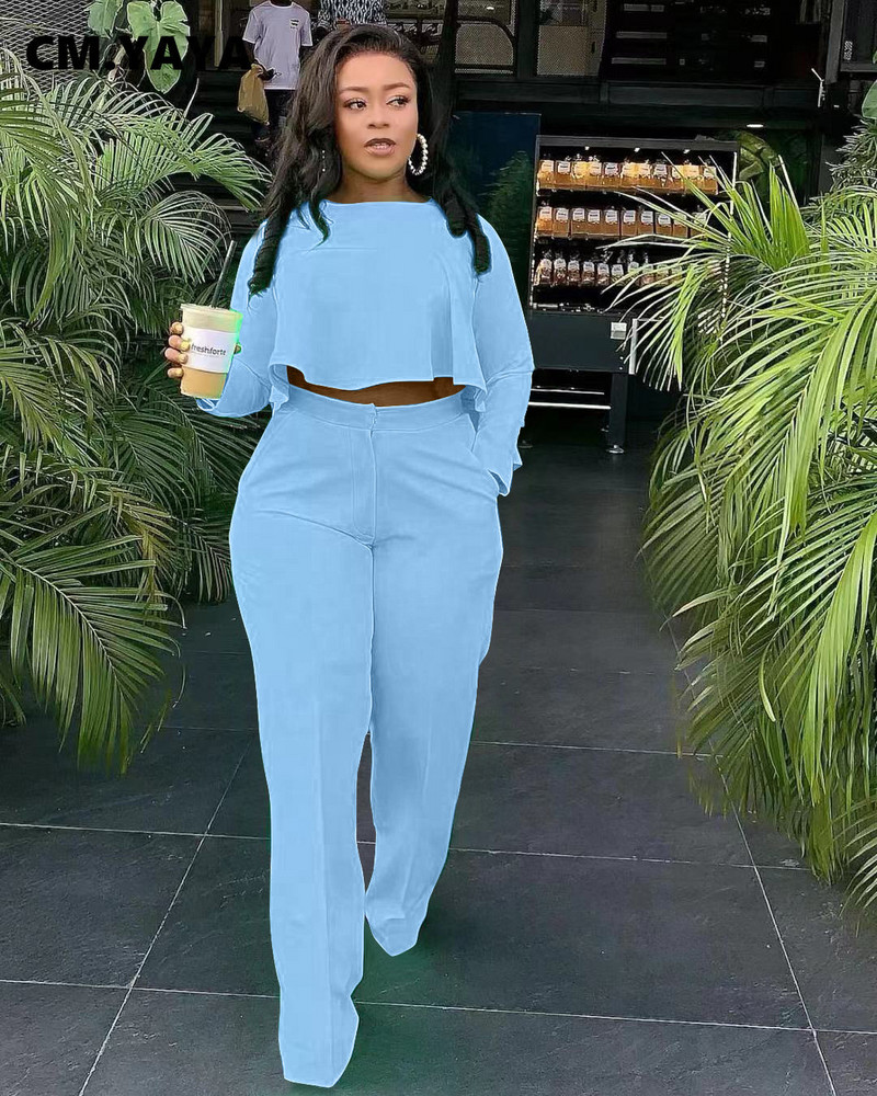 CM.YAYA Femei Crop Topuri neregulate + Pantaloni largi Costum Două 2 Piese Set Office Lady Fashion Streetwear Ținută Casual Trening