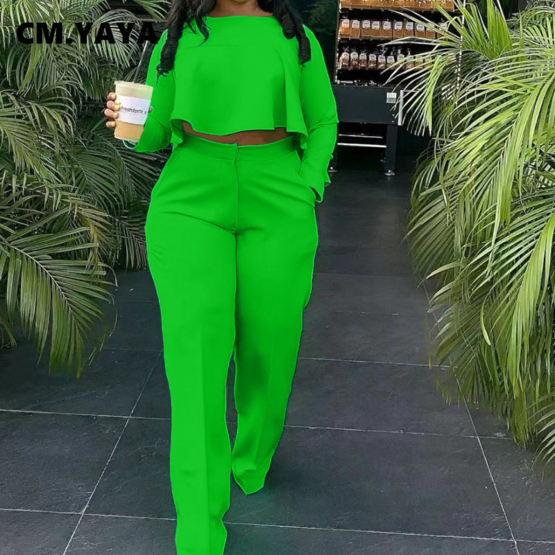 CM.YAYA Femei Crop Topuri neregulate + Pantaloni largi Costum Două 2 Piese Set Office Lady Fashion Streetwear Ținută Casual Trening