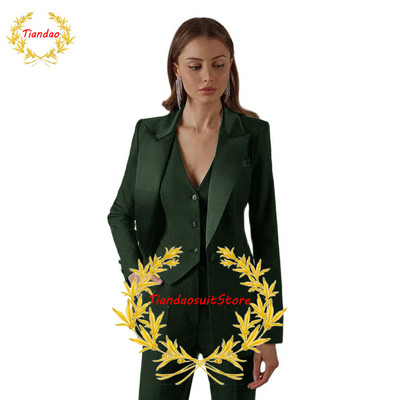 Costume negre pentru femeie cu rever cu vârf pentru birou, smoking pentru damă, costum de afaceri pentru femei, sacouri formale de seară slim fit, set 3 piese jachetă