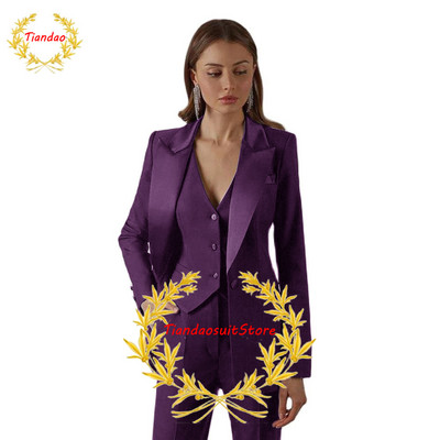Costume negre pentru femeie cu rever cu vârf pentru birou, smoking pentru damă, costum de afaceri pentru femei, sacouri formale de seară slim fit, set 3 piese jachetă