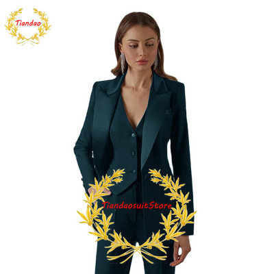 Costume negre pentru femeie cu rever cu vârf pentru birou, smoking pentru damă, costum de afaceri pentru femei, sacouri formale de seară slim fit, set 3 piese jachetă