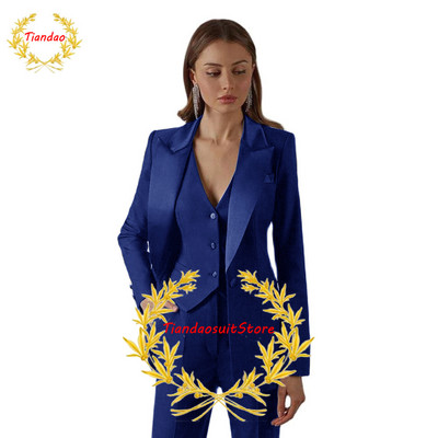 Costume negre pentru femeie cu rever cu vârf pentru birou, smoking pentru damă, costum de afaceri pentru femei, sacouri formale de seară slim fit, set 3 piese jachetă