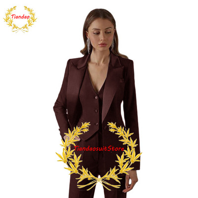 Costume negre pentru femeie cu rever cu vârf pentru birou, smoking pentru damă, costum de afaceri pentru femei, sacouri formale de seară slim fit, set 3 piese jachetă