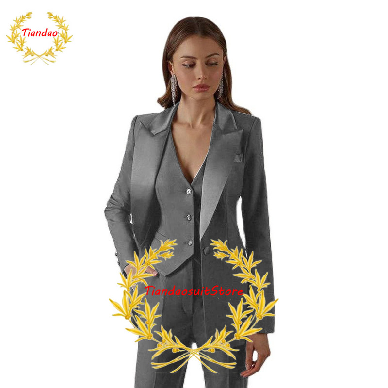 Costume negre pentru femeie cu rever cu vârf pentru birou, smoking pentru damă, costum de afaceri pentru femei, sacouri formale de seară slim fit, set 3 piese jachetă