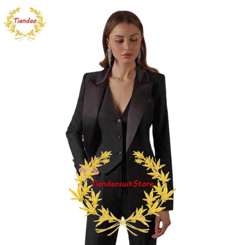 Costume negre pentru femeie cu rever cu vârf pentru birou, smoking pentru damă, costum de afaceri pentru femei, sacouri formale de seară slim fit, set 3 piese jachetă