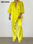 CMYAYA Set de asortare cămașă cu jumătate de mânecă și pantaloni drepți pentru femei din satin elegant, bluză șic, două set de 2 piese, ținută 2022