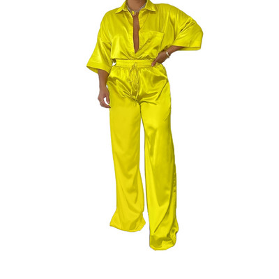 CMYAYA Set de asortare cămașă cu jumătate de mânecă și pantaloni drepți pentru femei din satin elegant, bluză șic, două set de 2 piese, ținută 2022