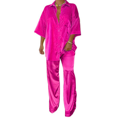 CMYAYA Set de asortare cămașă cu jumătate de mânecă și pantaloni drepți pentru femei din satin elegant, bluză șic, două set de 2 piese, ținută 2022