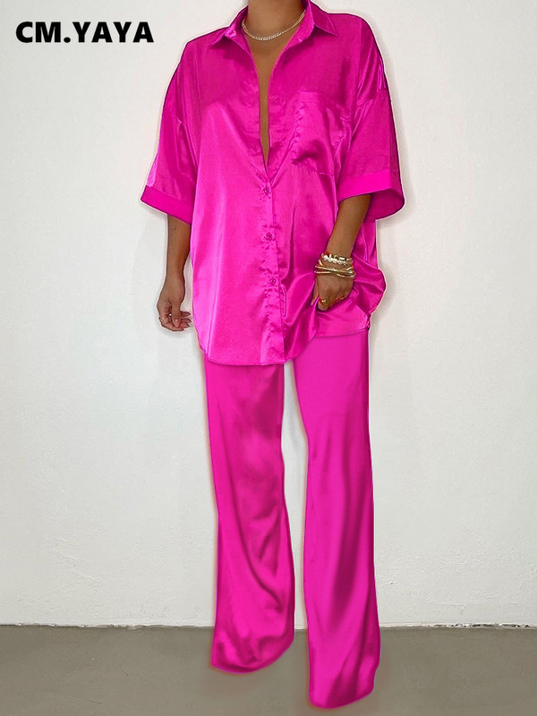 CMYAYA Set de asortare cămașă cu jumătate de mânecă și pantaloni drepți pentru femei din satin elegant, bluză șic, două set de 2 piese, ținută 2022