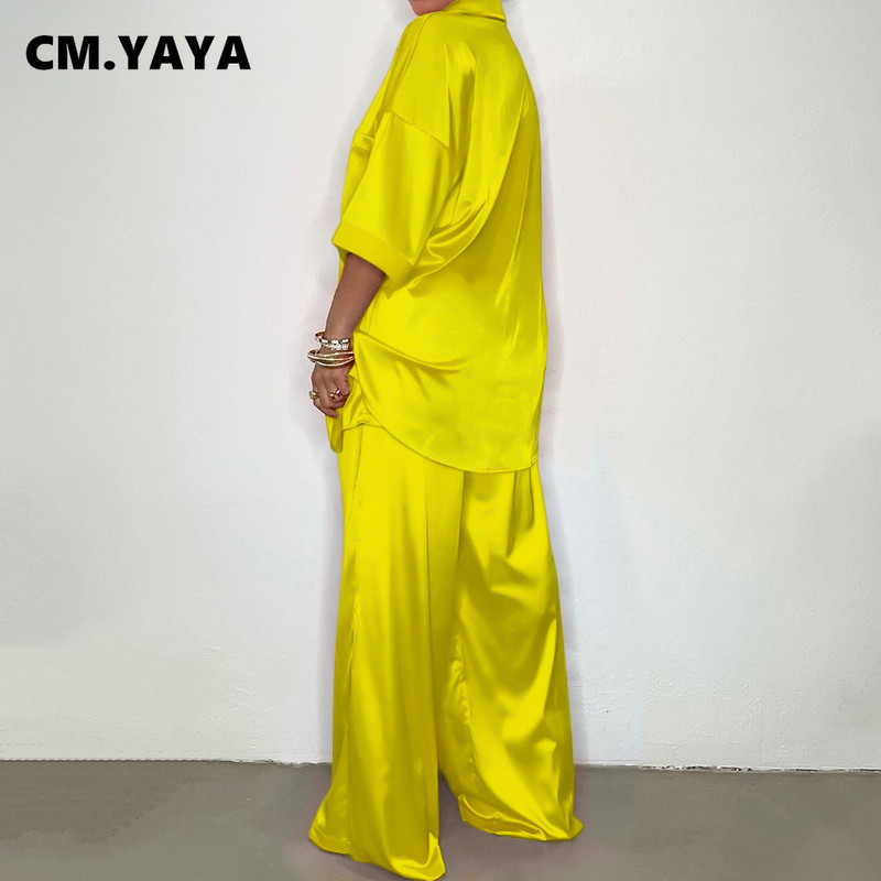 CMYAYA Set de asortare cămașă cu jumătate de mânecă și pantaloni drepți pentru femei din satin elegant, bluză șic, două set de 2 piese, ținută 2022