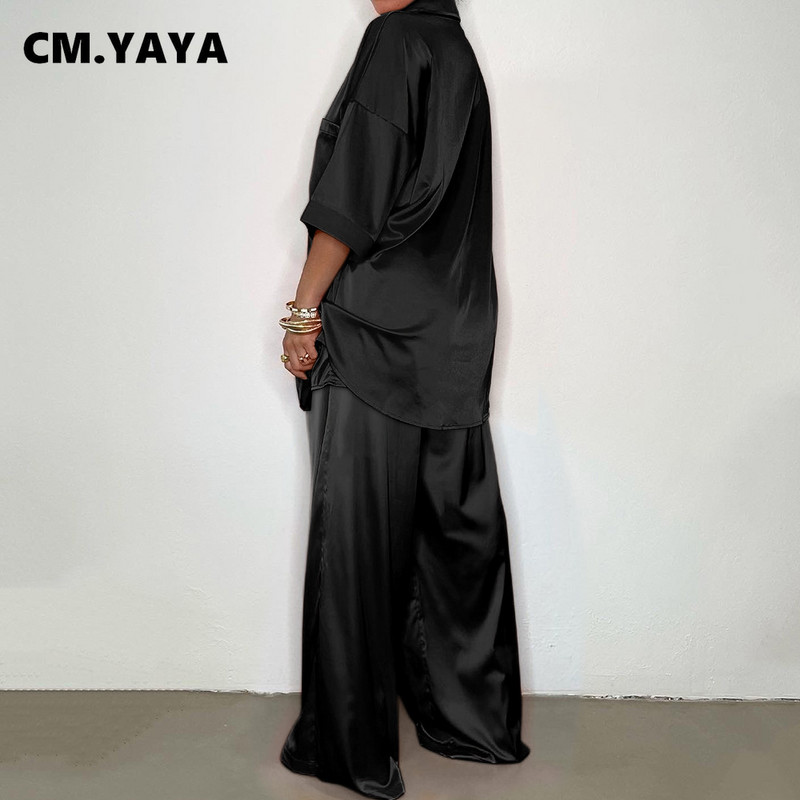 CMYAYA Set de asortare cămașă cu jumătate de mânecă și pantaloni drepți pentru femei din satin elegant, bluză șic, două set de 2 piese, ținută 2022
