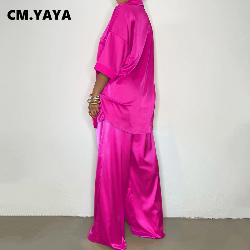 CMYAYA Set de asortare cămașă cu jumătate de mânecă și pantaloni drepți pentru femei din satin elegant, bluză șic, două set de 2 piese, ținută 2022