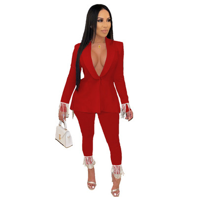CM.YAYA Costum și pantaloni de epocă pentru femei, cu ciucuri, îmbinare în spate, blazer, OL Femei șic, toamnă iarnă, set 2 piese, ținute