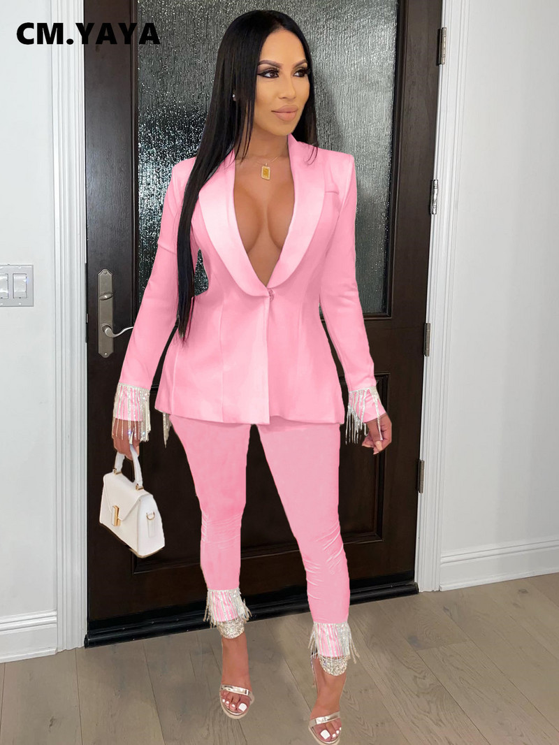 CM.YAYA Costum și pantaloni de epocă pentru femei, cu ciucuri, îmbinare în spate, blazer, OL Femei șic, toamnă iarnă, set 2 piese, ținute