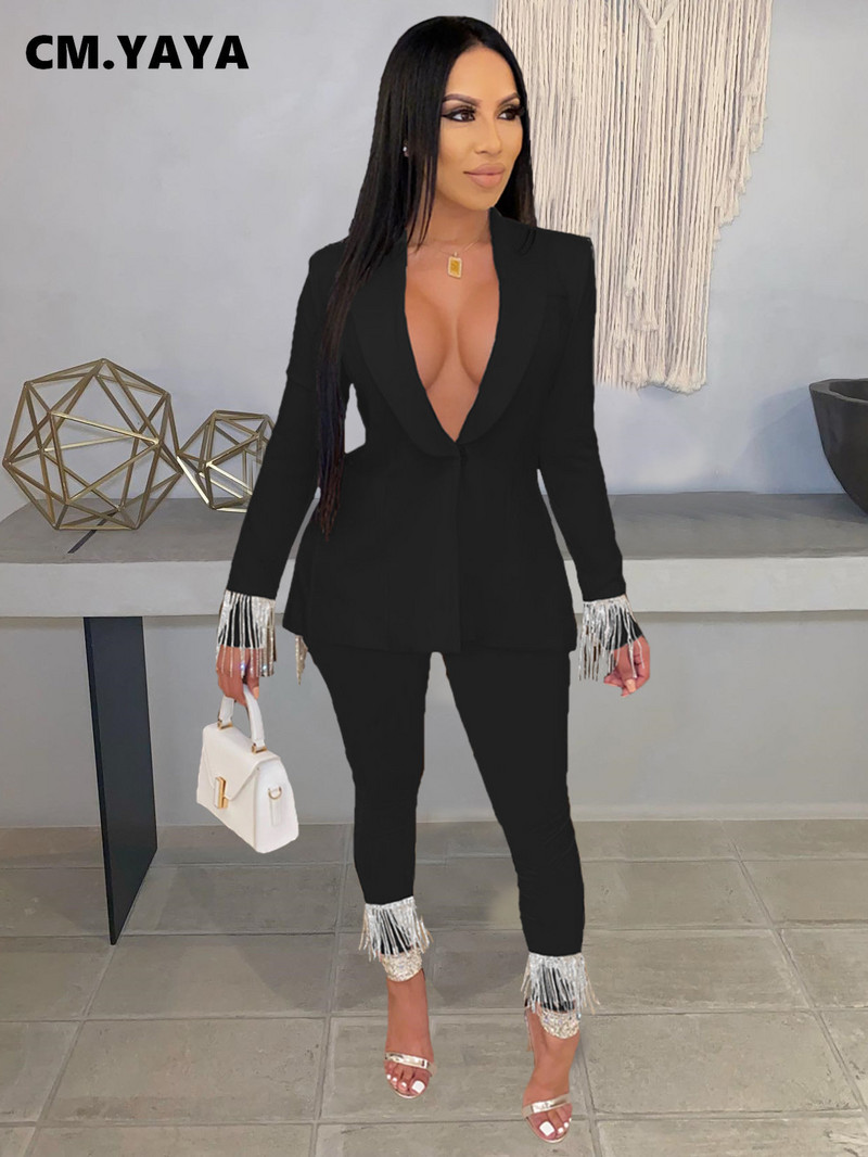CM.YAYA Costum și pantaloni de epocă pentru femei, cu ciucuri, îmbinare în spate, blazer, OL Femei șic, toamnă iarnă, set 2 piese, ținute