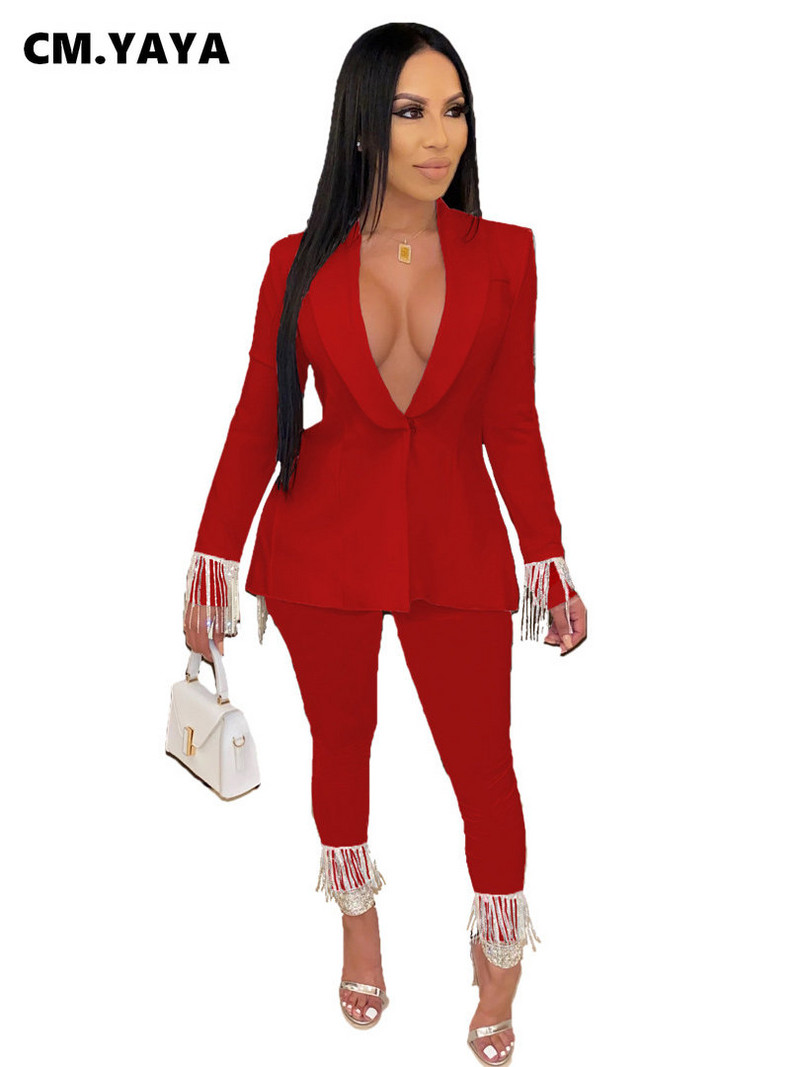 CM.YAYA Costum și pantaloni de epocă pentru femei, cu ciucuri, îmbinare în spate, blazer, OL Femei șic, toamnă iarnă, set 2 piese, ținute