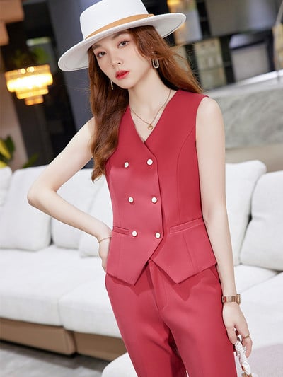 Costum formal cu pantaloni pentru femei, roșu, galben, albastru, negru, subțire, fără mâneci, blazer și pantaloni, set în două piese pentru îmbrăcăminte de lucru pentru doamne de birou