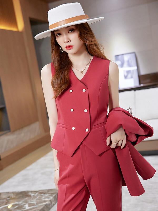 Costum formal cu pantaloni pentru femei, roșu, galben, albastru, negru, subțire, fără mâneci, blazer și pantaloni, set în două piese pentru îmbrăcăminte de lucru pentru doamne de birou