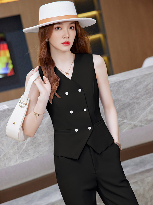 Costum formal cu pantaloni pentru femei, roșu, galben, albastru, negru, subțire, fără mâneci, blazer și pantaloni, set în două piese pentru îmbrăcăminte de lucru pentru doamne de birou