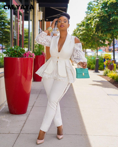 CM.YAYA Costum Pantaloni Femei Dantela Patchwork Sacouri A-line Topuri + Pantaloni Creion Două Seturi 2 Piese Îmbrăcăminte de birou Ținute la modă pentru femei