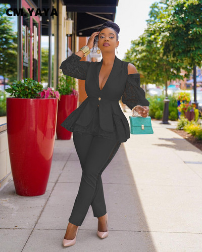 CM.YAYA Costum Pantaloni Femei Dantela Patchwork Sacouri A-line Topuri + Pantaloni Creion Două Seturi 2 Piese Îmbrăcăminte de birou Ținute la modă pentru femei