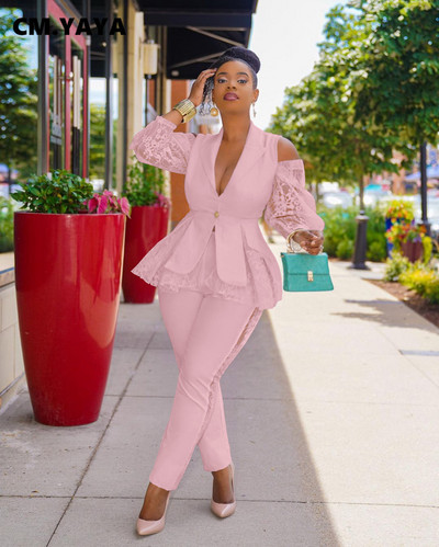 CM.YAYA Costum Pantaloni Femei Dantela Patchwork Sacouri A-line Topuri + Pantaloni Creion Două Seturi 2 Piese Îmbrăcăminte de birou Ținute la modă pentru femei