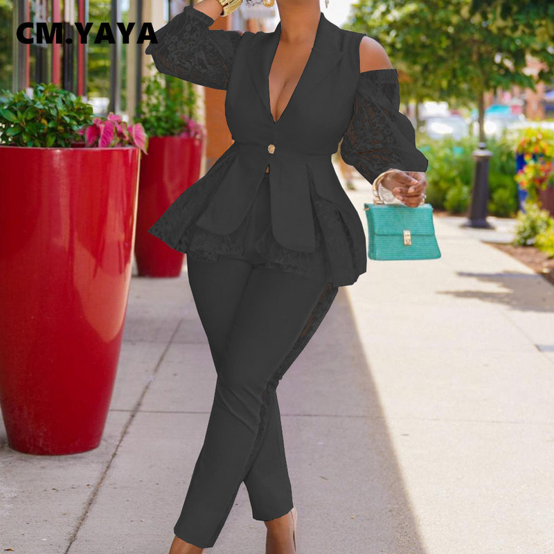 CM.YAYA Costum Pantaloni Femei Dantela Patchwork Sacouri A-line Topuri + Pantaloni Creion Două Seturi 2 Piese Îmbrăcăminte de birou Ținute la modă pentru femei