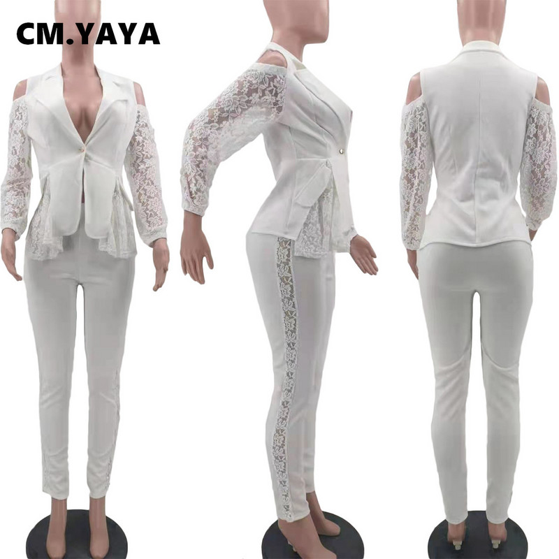 CM.YAYA Costum Pantaloni Femei Dantela Patchwork Sacouri A-line Topuri + Pantaloni Creion Două Seturi 2 Piese Îmbrăcăminte de birou Ținute la modă pentru femei