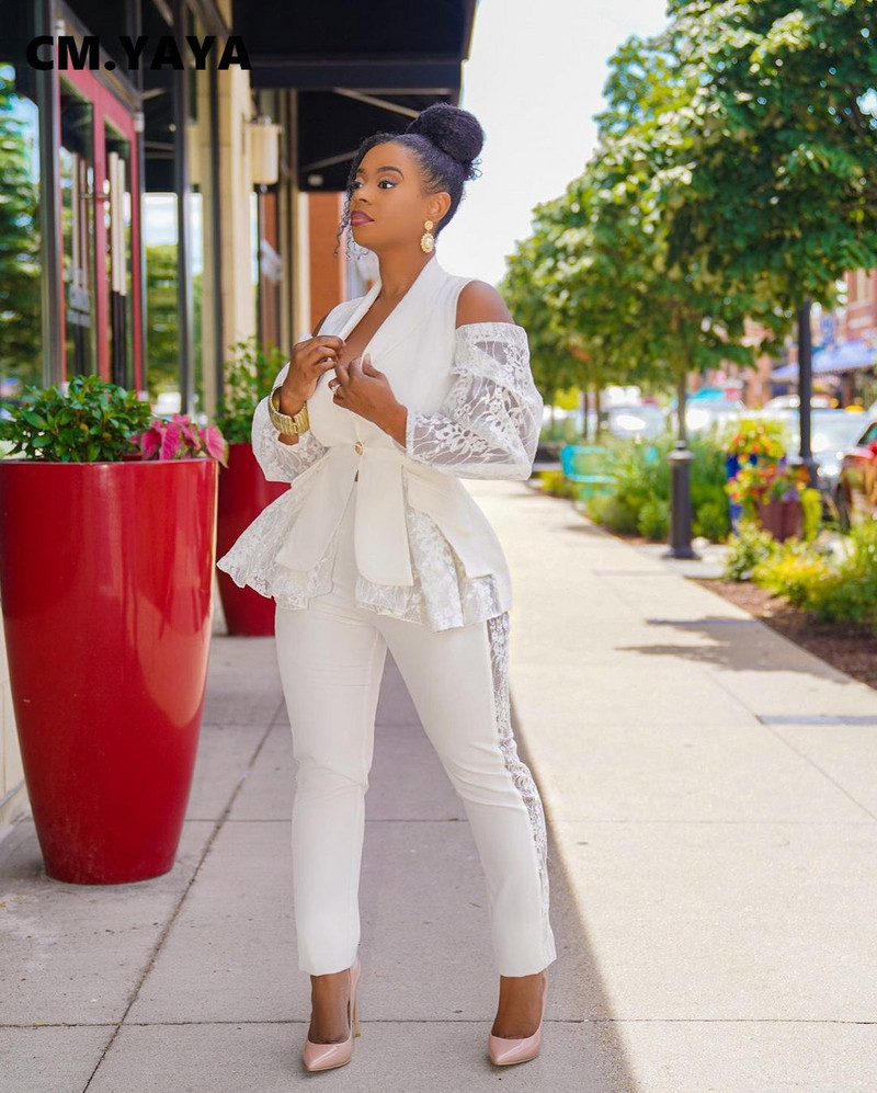 CM.YAYA Costum Pantaloni Femei Dantela Patchwork Sacouri A-line Topuri + Pantaloni Creion Două Seturi 2 Piese Îmbrăcăminte de birou Ținute la modă pentru femei