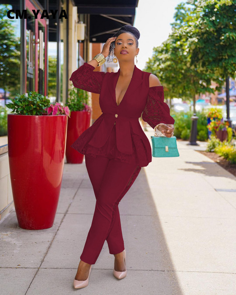 CM.YAYA Costum Pantaloni Femei Dantela Patchwork Sacouri A-line Topuri + Pantaloni Creion Două Seturi 2 Piese Îmbrăcăminte de birou Ținute la modă pentru femei