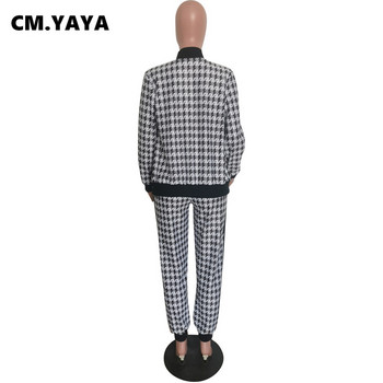 CM.YAYA Houndstooth Patchwork Two 2 Piece Set for Women Vintage Fitness Outfits Jacket + Pants Set Streetwear Анцуг