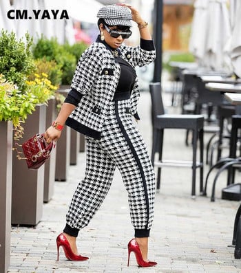 CM.YAYA Houndstooth Patchwork Two 2 Piece Set for Women Vintage Fitness Outfits Jacket + Pants Set Streetwear Анцуг