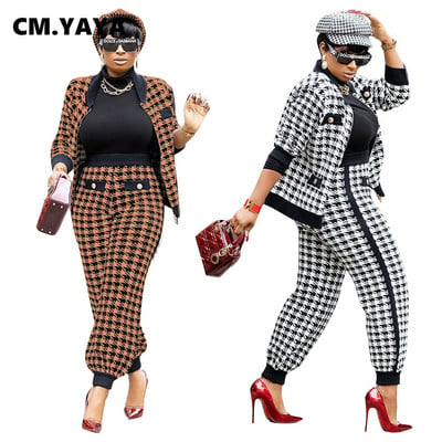 CM.YAYA Houndstooth Patchwork két 2 részes női készlet Vintage fitnesz ruhák kabát + nadrág szett Streetwear tréningruha