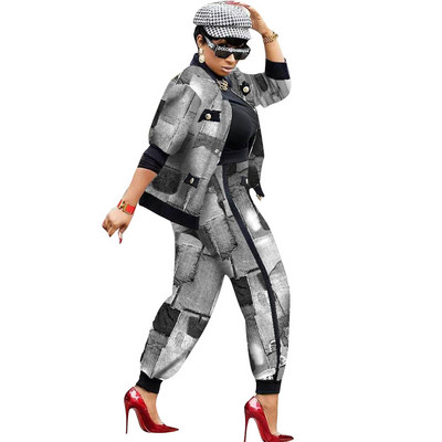 CM.YAYA Set 2 2 piese cu patchwork cu picior de gală pentru femei ținute vintage fitness Set jachetă + pantaloni Streetwear Trening