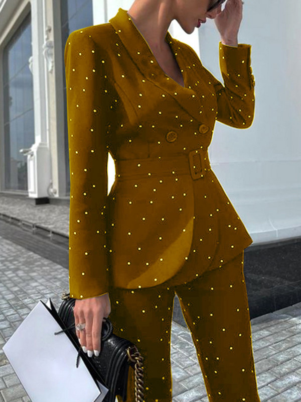 Sacou cu buline de toamnă pentru femei, pantaloni de afaceri, costum de birou, subțire, elegante, ocazionale, jachete formale, două piese, costum de pantaloni de modă pentru femei